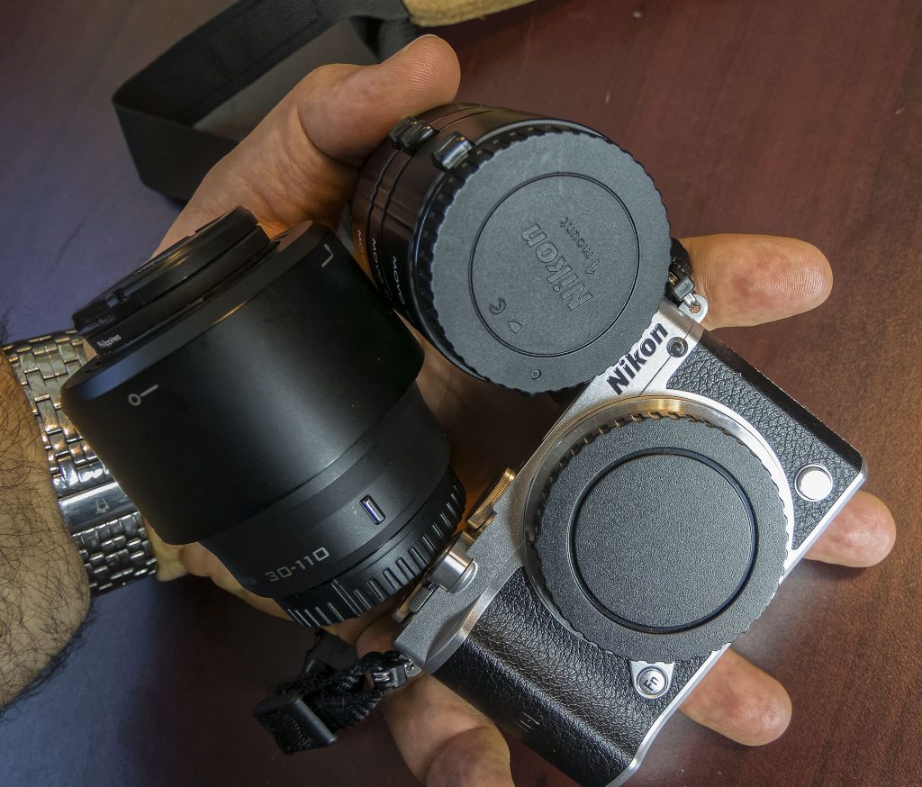 Nikon 1 J5 with 1 Nikon 30-110mm f/3.8-5.6 VR zoom lens, and set of 3 MOVO extension tubes